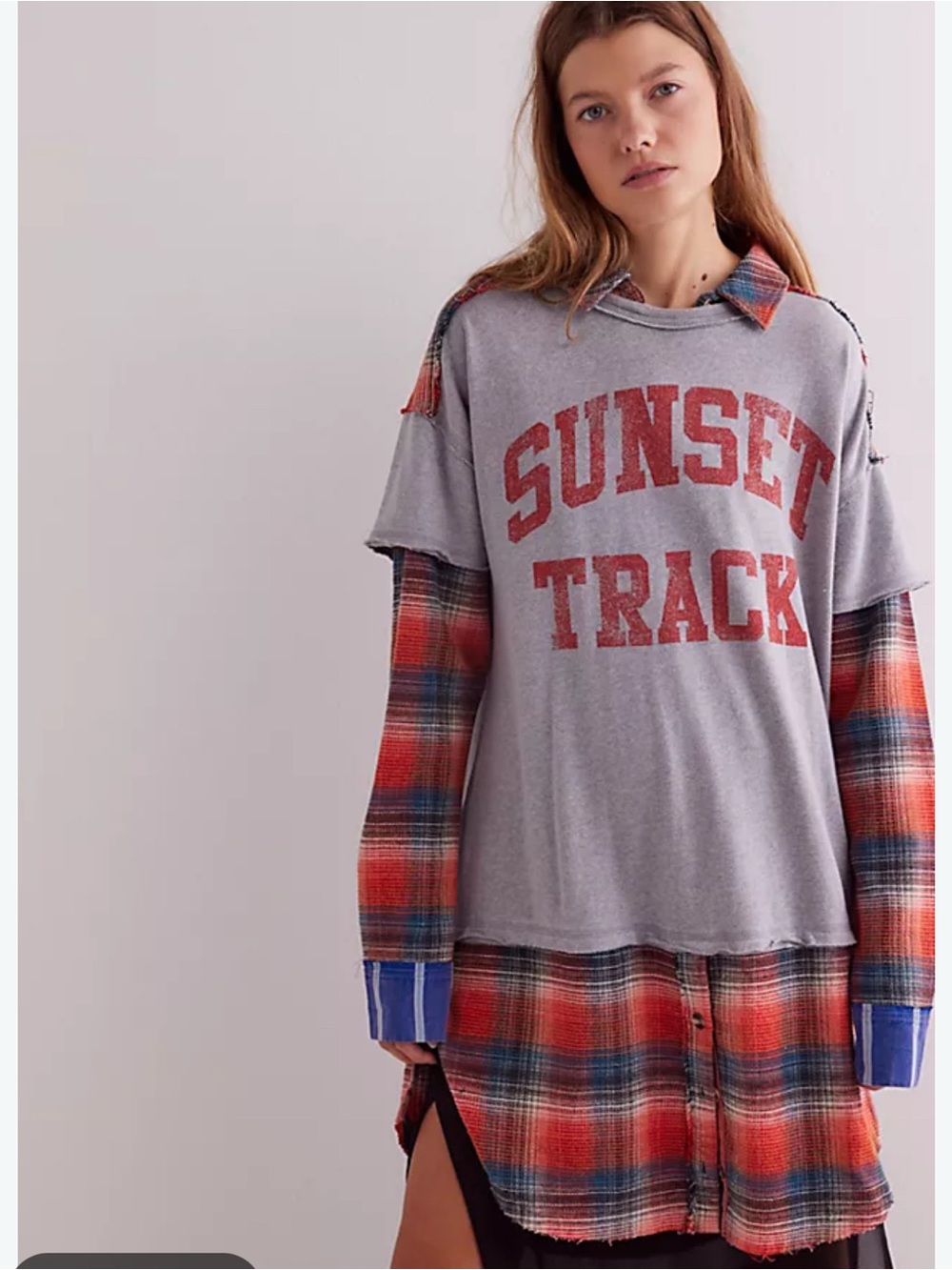 Free People Layered Plaid & Graphic Sweatshirt - Gray & Red
